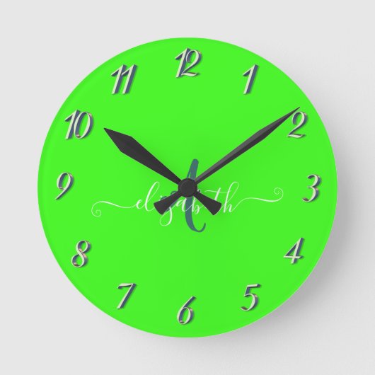 Green Fluorescent Neon Monogram Runde Wanduhr (Vorderseite)