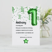 Green Foil Ballon 1. Geburtstag Einladung (Stehend Vorderseite)