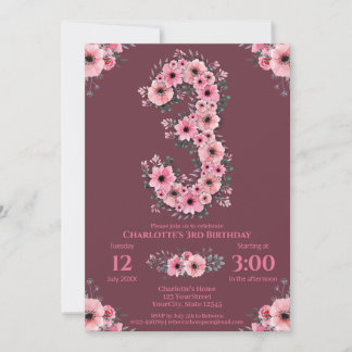 Green Foliage Big 3. Geburtstag Girl Pink Blume Einladung