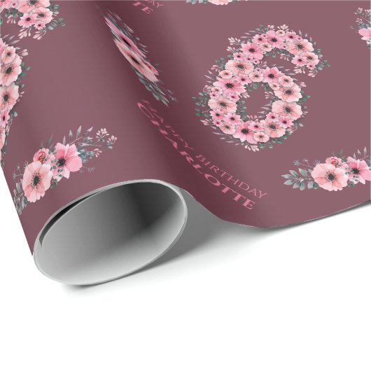 Green Foliage Big 6th Birthday Girl Pink Blume Geschenkpapier (Rolleneckpunkt)