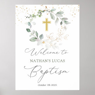 Green Foliage Cross Baby Taufplakat Poster