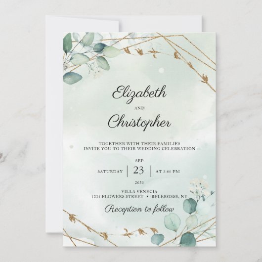 Green Foliage Eucalyptus Gold Frame Wedding Einladung (Vorderseite)