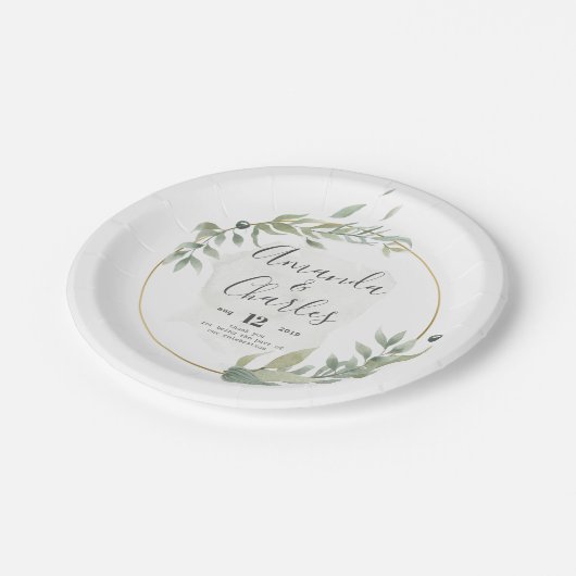 Green Foliage & Gold Circle Frame Pappteller (Schrägansicht)