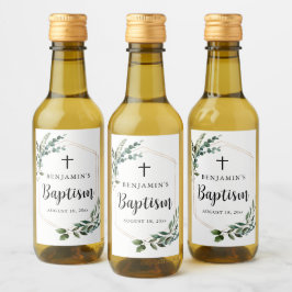 Green Foliage Gold Cross Baptism Wine Label Weinetikett
