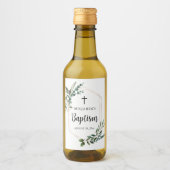Green Foliage Gold Cross Baptism Wine Label Weinetikett (Vorderseite)