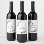 Green Foliage Gold Cross Baptism Wine Label Weinetikett (Flaschen)