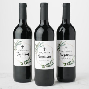 Green Foliage Gold Cross Baptism Wine Label Weinetikett