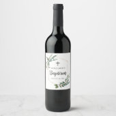 Green Foliage Gold Cross Baptism Wine Label Weinetikett (Vorderseite)