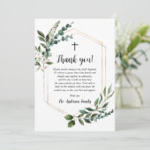 Green Foliage Gold Cross Taufen Danke Karte (Stehend Vorderseite)