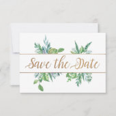 Green Foliage & Gold Script Save the Date Card (Vorderseite)