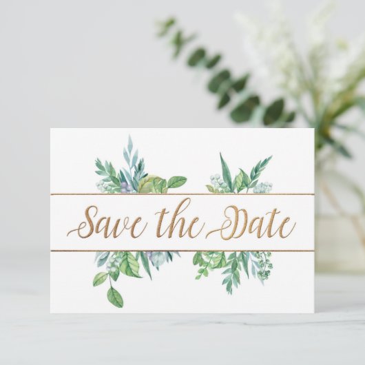 Green Foliage & Gold Script Save the Date Card (Stehend Vorderseite)