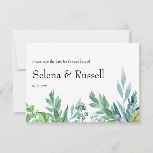 Green Foliage & Gold Script Save the Date Card (Rückseite)