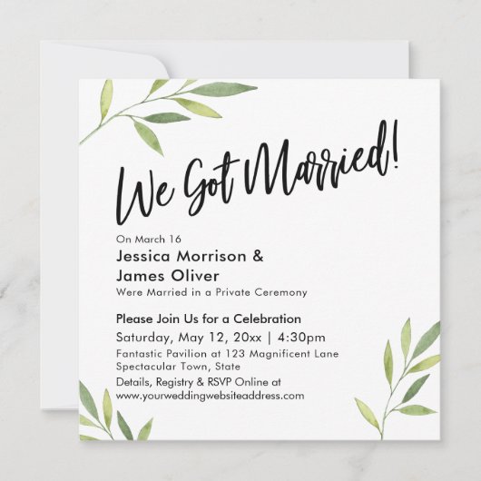 Green Foliage Moderne Handschrift Wir Got Verheira Einladung (Vorderseite)