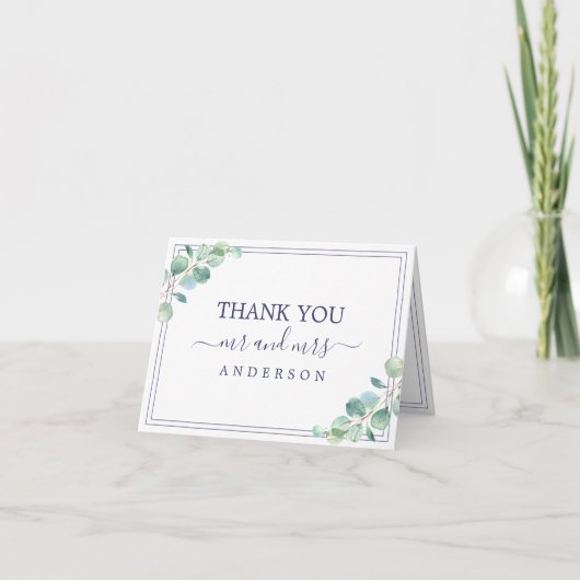 Green Foliage Navy Blue Border Wedding Foto Dankeskarte (Vorderseite)