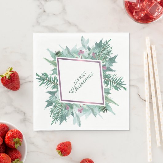 Green Foliage Pink Berry Violet Rahmen Weihnachten Serviette (Beispiel)