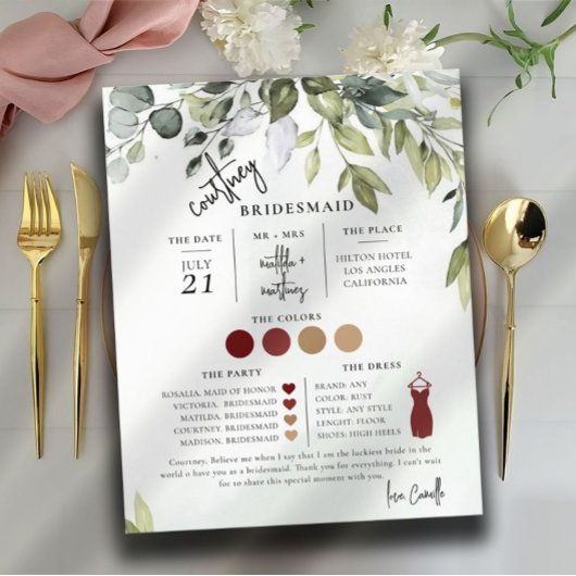 Green Foliage Text Script Bridesmaid Info Card