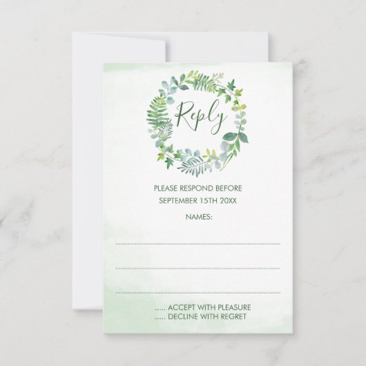 Green Foliage Wreath Reply Cards RSVP Karte (Vorderseite)
