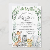 Green Foliage Wreath Safari Animals Baby Dusche Einladung (Vorderseite)