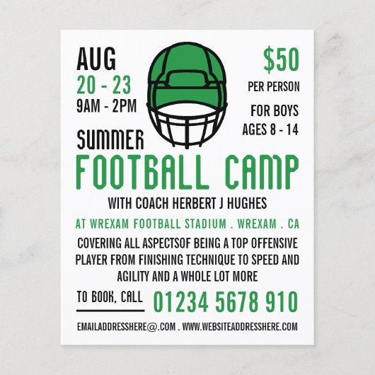 Green Football Helm, Fußball Camp Werbung Flyer (Vorne)