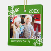 Green Foto Border White Snowflakes Holiday Keramikornament (Links)