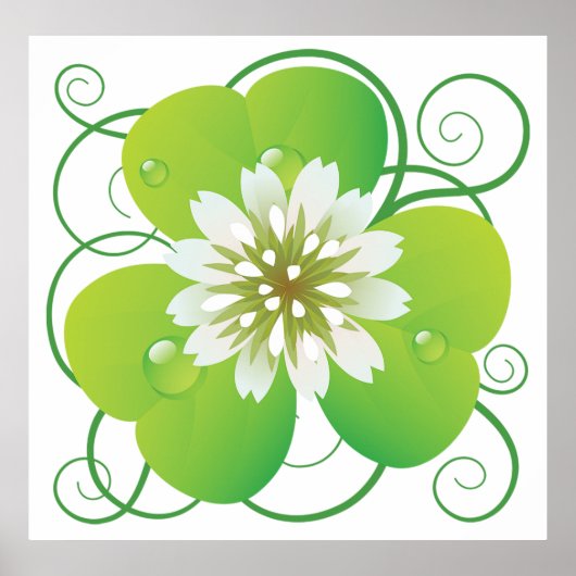 Green Four Leaf Clover with White Floral Bloom Poster (Vorne)