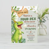 Green Four Rex On The Loose Fourth Birthday Einladung (Stehend Vorderseite)