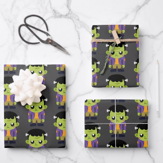 Green Frankenstein Monster Halloween Pattern Geschenkpapier Set (Vorderseite)