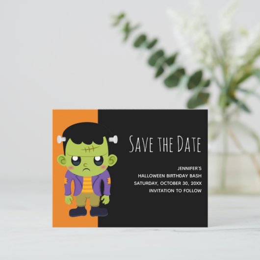 Green Frankenstein Monster Halloween Save the Date Einladungspostkarte (Stehend Vorderseite)