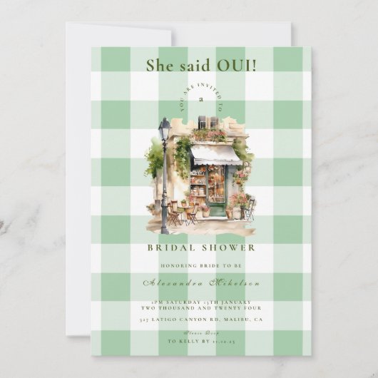 Green French Café Brautparty Einladung (Vorderseite)