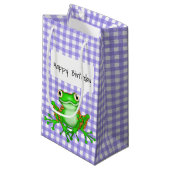 Green Frog auf Lila Gingham Kleine Geschenktüte (Vorderseite Schrägansicht)