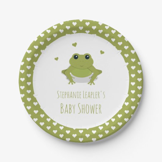 Green Frog Hearts Name Baby Shower Pappteller (Vorderseite)