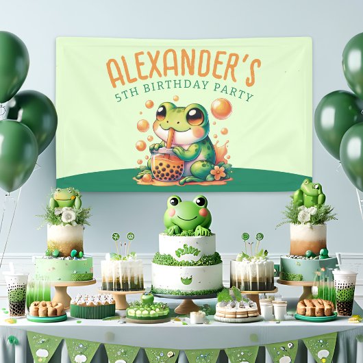 Green Frog und Orange Boba Bubble Tee Party Banner