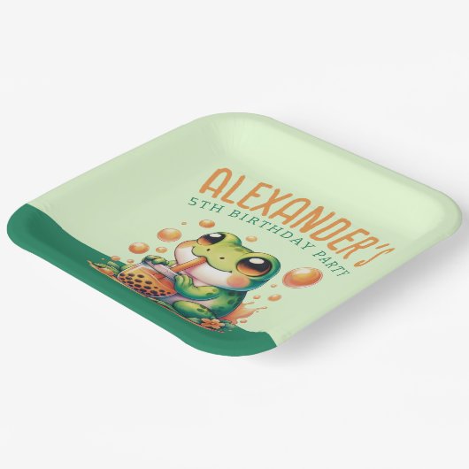 Green Frog und Orange Boba Bubble Tee Party Pappteller (Gewinkelt)