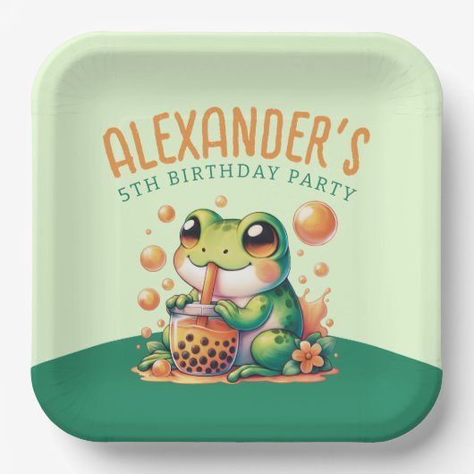 Green Frog und Orange Boba Bubble Tee Party Pappteller (Vorderseite)