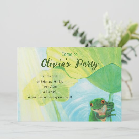 Green Frog Under Lily Pad Party Einladung (Stehend Vorderseite)