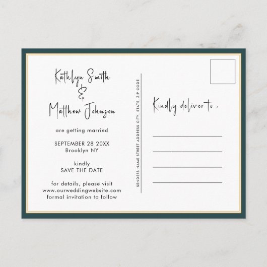 Green Fun Script Modernes Foto Minimalistisch Wedd Ankündigungspostkarte (Rückseite)