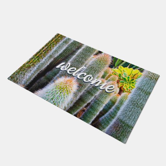 Green Fuzzy Cacti Nah-up Foto Begrüßungsskript Fußmatte (Schrägansicht)