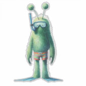 Green Fuzzy Snorkeling Alien Sticker (Vorderseite)