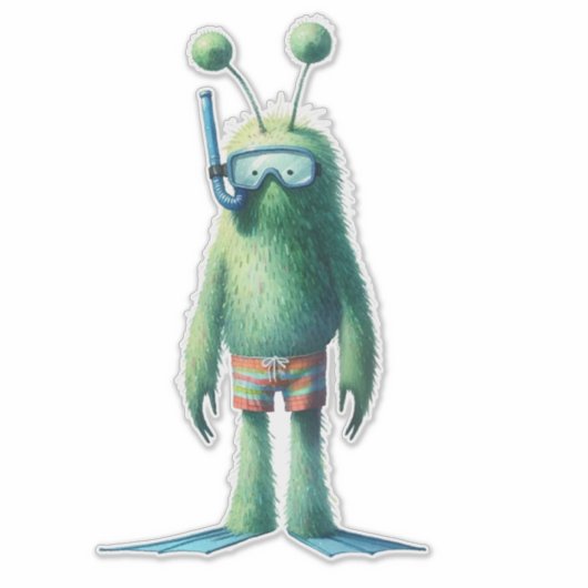 Green Fuzzy Snorkeling Alien Sticker (Vorderseite)