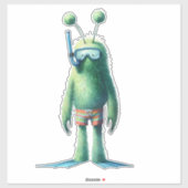 Green Fuzzy Snorkeling Alien Sticker (Blatt)