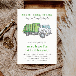 Green Garbage Trash Truck Boy's 1st Birthday Party Einladung