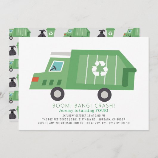 Green Garbage Truck Recycelte Junge Geburtstag Einladung (Vorne/Hinten)