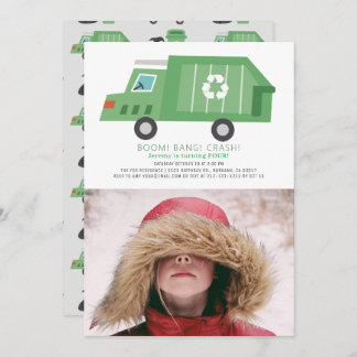 Green Garbage Truck Recycle Boy Foto Geburtstag Einladung