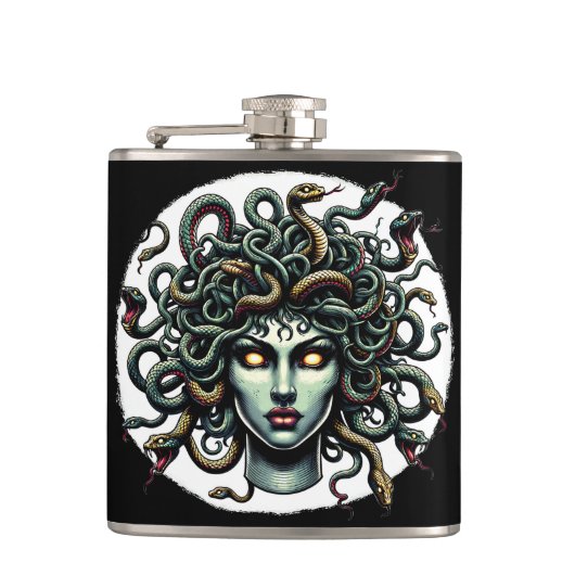 Green Gazing Medusa Kopf voller Schlangen Flachmann (Vorderseite)