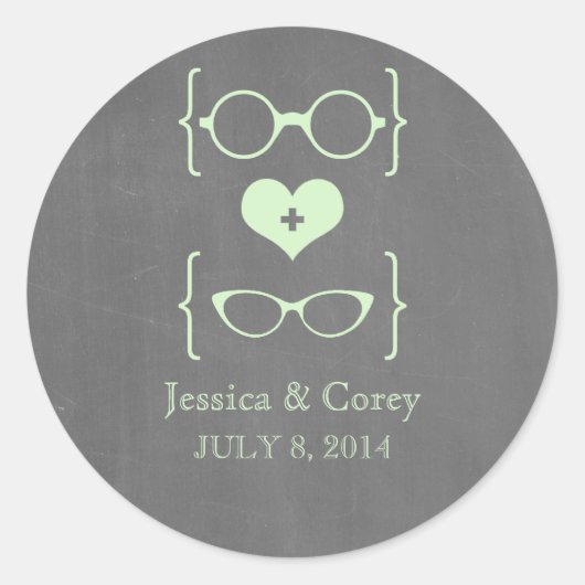 Green Geeky Glasses Chalkboard Wedding Stickers (Vorderseite)
