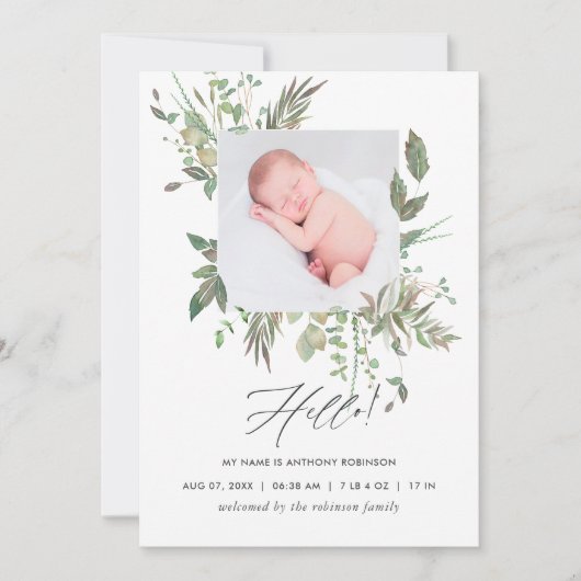 Green Geometric Birth Announcement Foto Card Ankündigung (Vorderseite)