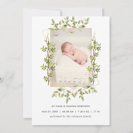 Green Geometric Birth Announcement Foto Card Ankündigung (Vorderseite)