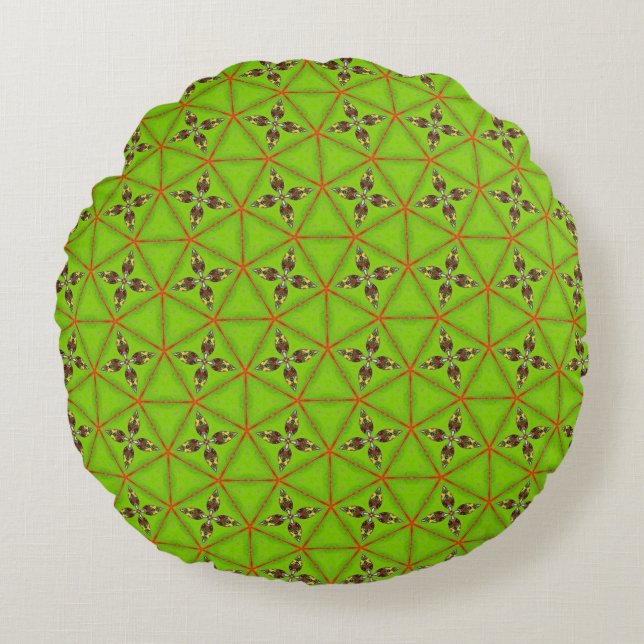 Green Geometric Floral Pattern Round Pillow Rundes Kissen (Vorderseite)