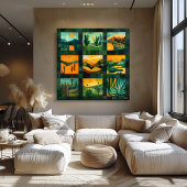 Green Gerahmt Desert Art Grid - Vibrant Geometric Poster