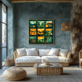 Green Gerahmt Desert Art Grid - Vibrant Geometric Poster